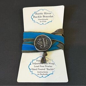 Silk Ribbon Wrap Bracelet Initial "J" Gray Blue Pewter Lead Free Hand Poured